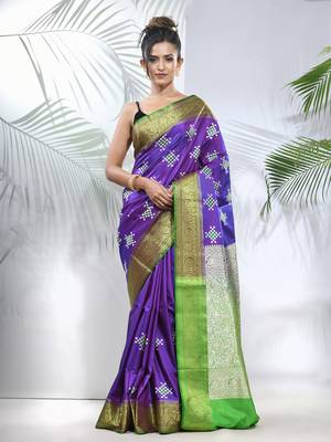Violet embroidered motifs silk saree with zari borders 1