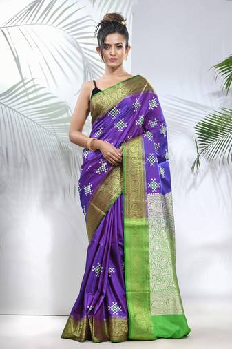 Violet embroidered motifs silk saree with zari borders