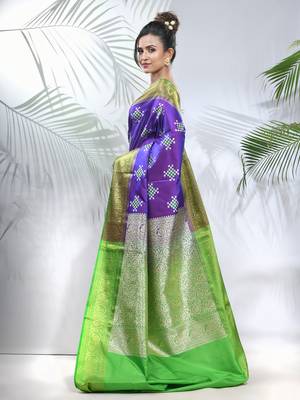 Violet embroidered motifs silk saree with zari borders 2