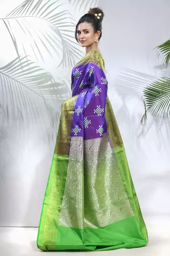 Violet embroidered motifs silk saree with zari borders