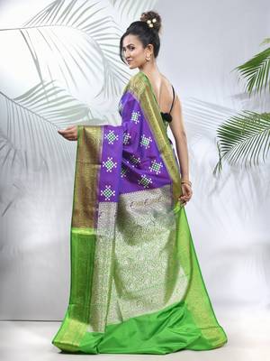 Violet embroidered motifs silk saree with zari borders 3