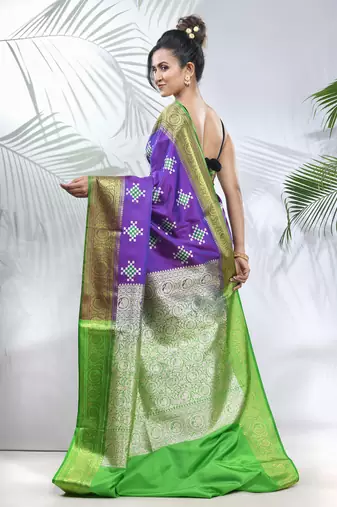 Violet embroidered motifs silk saree with zari borders