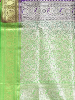 Violet embroidered motifs silk saree with zari borders 4