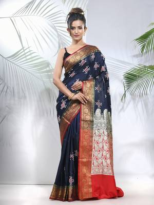 Navy blue embroidered motifs silk saree with zari borders 1
