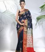 Navy blue embroidered motifs silk saree with zari borders