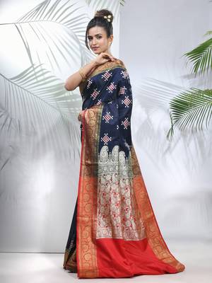 Navy blue embroidered motifs silk saree with zari borders 2