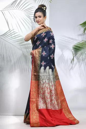 Navy blue embroidered motifs silk saree with zari borders