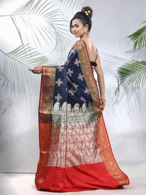 Navy blue embroidered motifs silk saree with zari borders 3