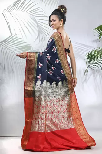 Navy blue embroidered motifs silk saree with zari borders