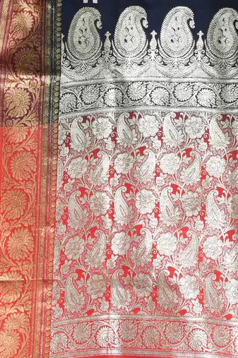Navy blue embroidered motifs silk saree with zari borders