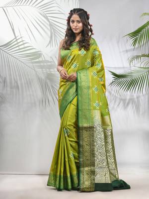 Parrot green embroidered motifs silk saree with zari borders 1