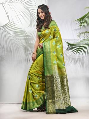 Parrot green embroidered motifs silk saree with zari borders 2