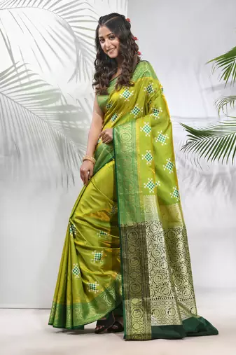 Parrot green embroidered motifs silk saree with zari borders