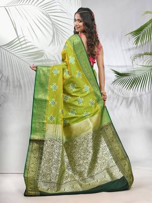Parrot green embroidered motifs silk saree with zari borders 3