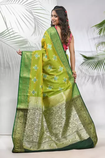 Parrot green embroidered motifs silk saree with zari borders