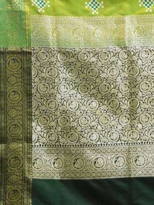 Parrot green embroidered motifs silk saree with zari borders 4