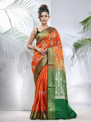 Orange embroidered motifs silk saree with zari borders 1