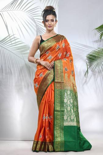 Orange embroidered motifs silk saree with zari borders