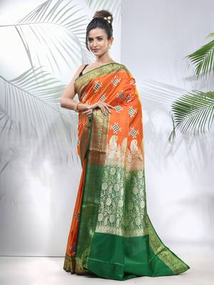 Orange embroidered motifs silk saree with zari borders 2