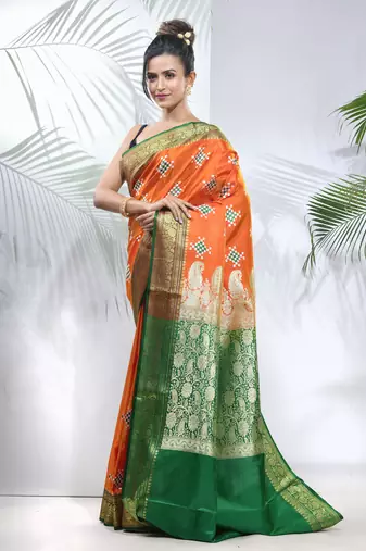 Orange embroidered motifs silk saree with zari borders