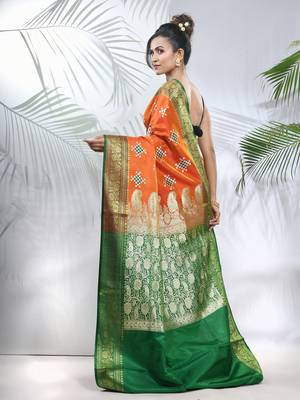 Orange embroidered motifs silk saree with zari borders 3