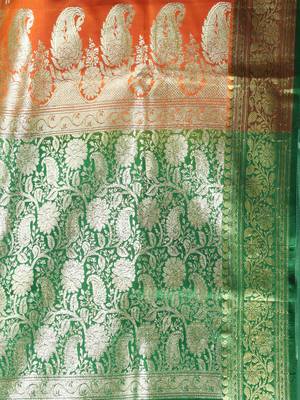 Orange embroidered motifs silk saree with zari borders 4