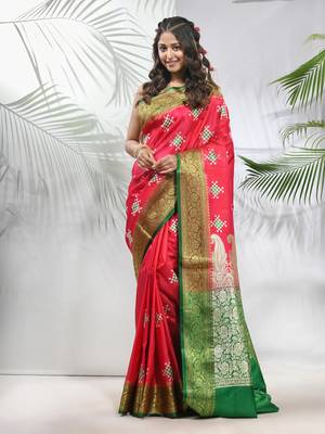 Rani pink embroidered motifs silk saree with zari borders 1
