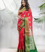 Rani pink embroidered motifs silk saree with zari borders