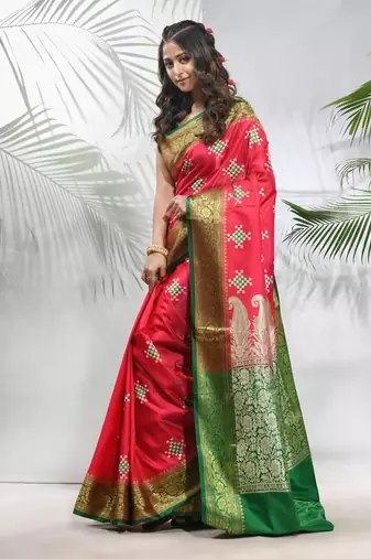Rani pink embroidered motifs silk saree with zari borders