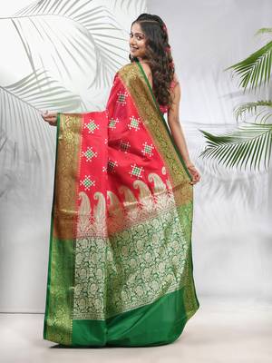 Rani pink embroidered motifs silk saree with zari borders 3