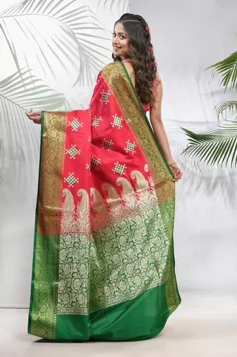 Rani pink embroidered motifs silk saree with zari borders