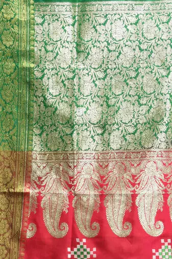 Rani pink embroidered motifs silk saree with zari borders