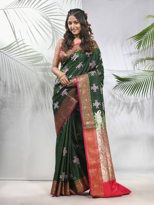 Green embroidered motifs silk saree with zari borders 1