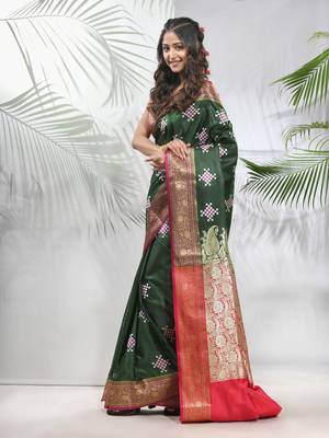 Green embroidered motifs silk saree with zari borders 2