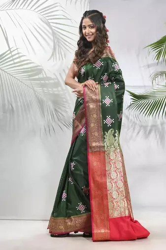Green embroidered motifs silk saree with zari borders
