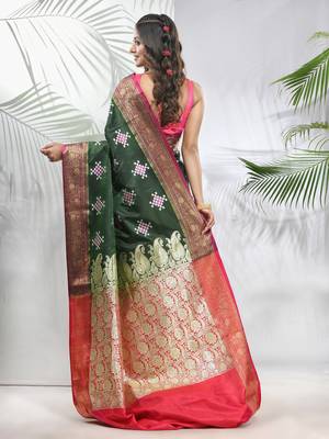 Green embroidered motifs silk saree with zari borders 3