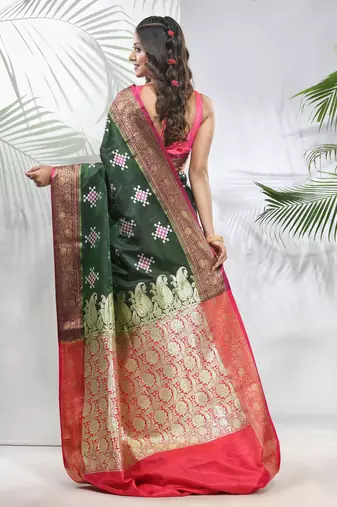 Green embroidered motifs silk saree with zari borders