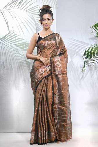 Copper polka dots tissue saree with stripes pallu