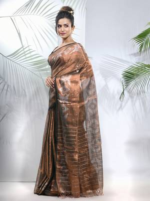 Copper polka dots tissue saree with stripes pallu 2