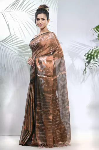 Copper polka dots tissue saree with stripes pallu