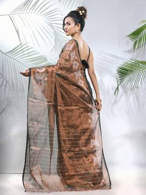 Copper polka dots tissue saree with stripes pallu 3