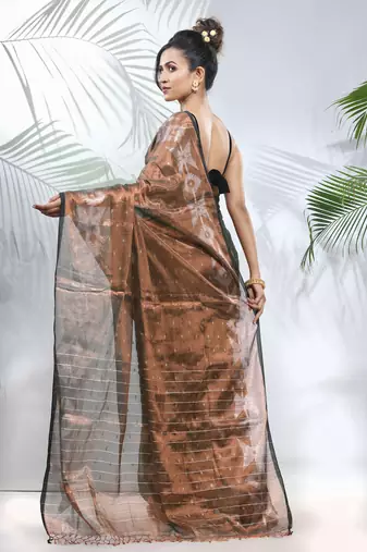 Copper polka dots tissue saree with stripes pallu