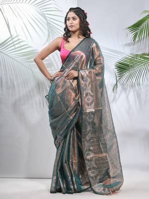 Teal polka dots tissue saree with stripes pallu 1