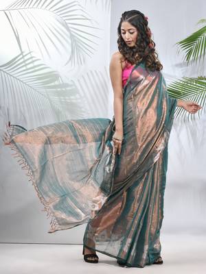 Teal polka dots tissue saree with stripes pallu 2