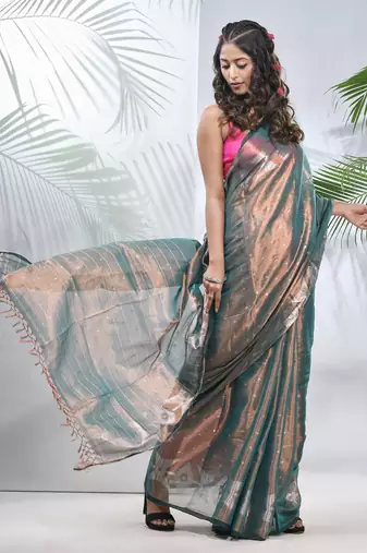 Teal polka dots tissue saree with stripes pallu