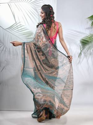 Teal polka dots tissue saree with stripes pallu 3