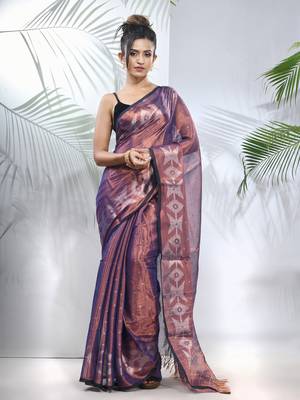 Blue polka dots tissue saree with stripes pallu 1