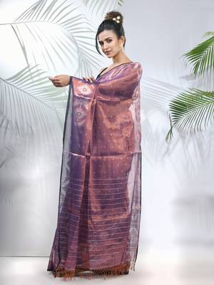Blue polka dots tissue saree with stripes pallu 2