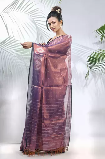 Blue polka dots tissue saree with stripes pallu