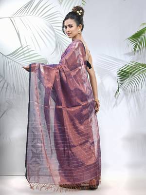 Blue polka dots tissue saree with stripes pallu 3